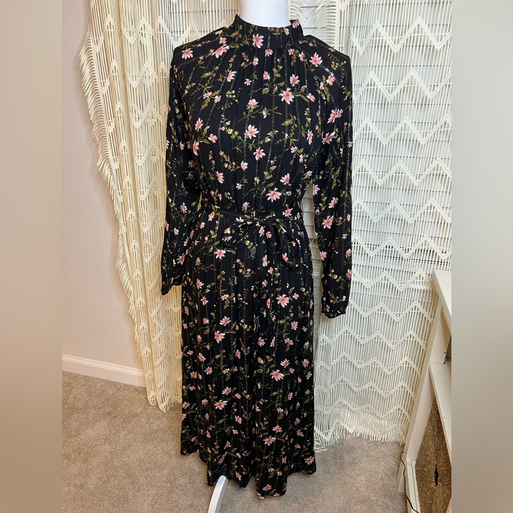 LOFT Long Sleeve A Line Midi Floral Metallic Dress Black Pink Small Sash Waist
